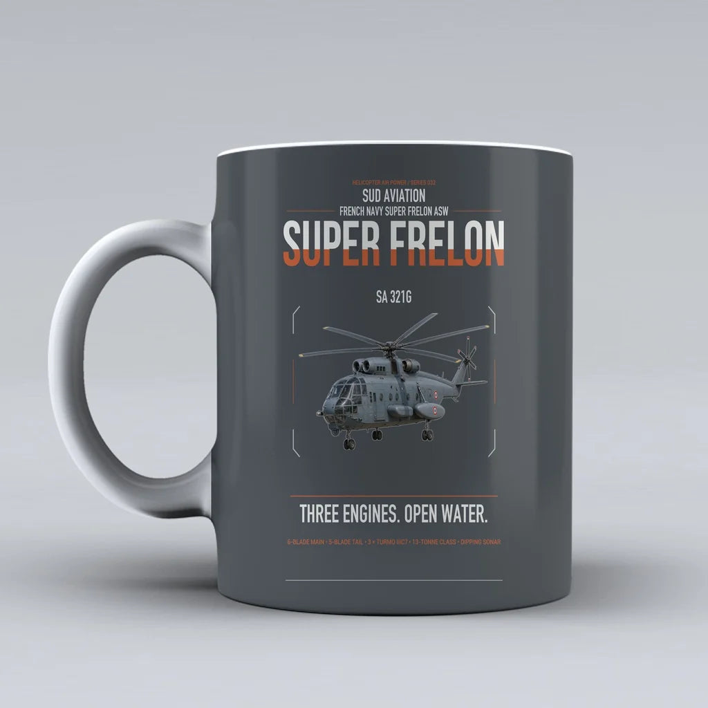 Sud Aviation SA 321G Super Frelon design on gray ceramic mug, double-side print