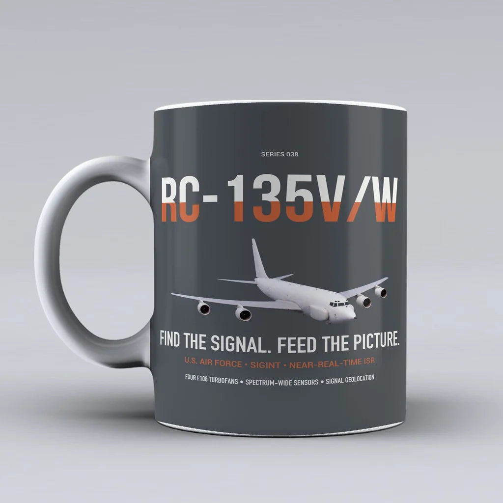RC-135V W Rivet Joint design on gray ceramic mug, double-side print