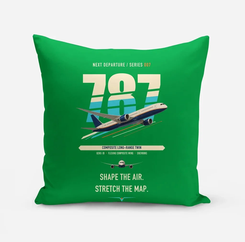 Boeing 787-9 Dreamliner design on green pillow