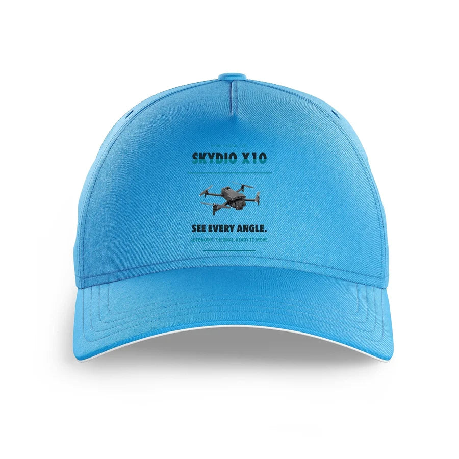 Skydio X10 design on light blue printed hat