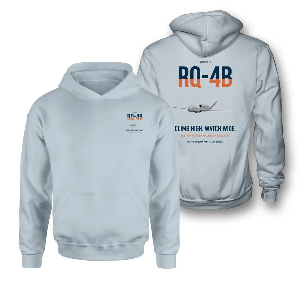RQ-4B Global Hawk design on light blue double-side hoodie, double-side print