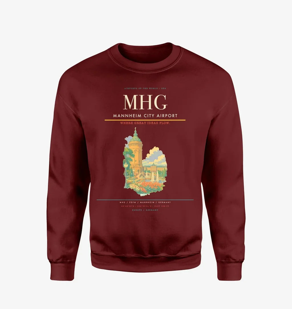 Mannheim City Airport (MHG) design on wine red sweatshirt