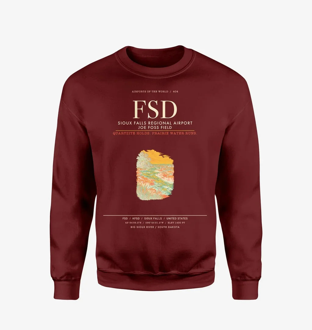 Sioux Falls Regional Airport Joe Foss Field (FSD) design on wine red sweatshirt