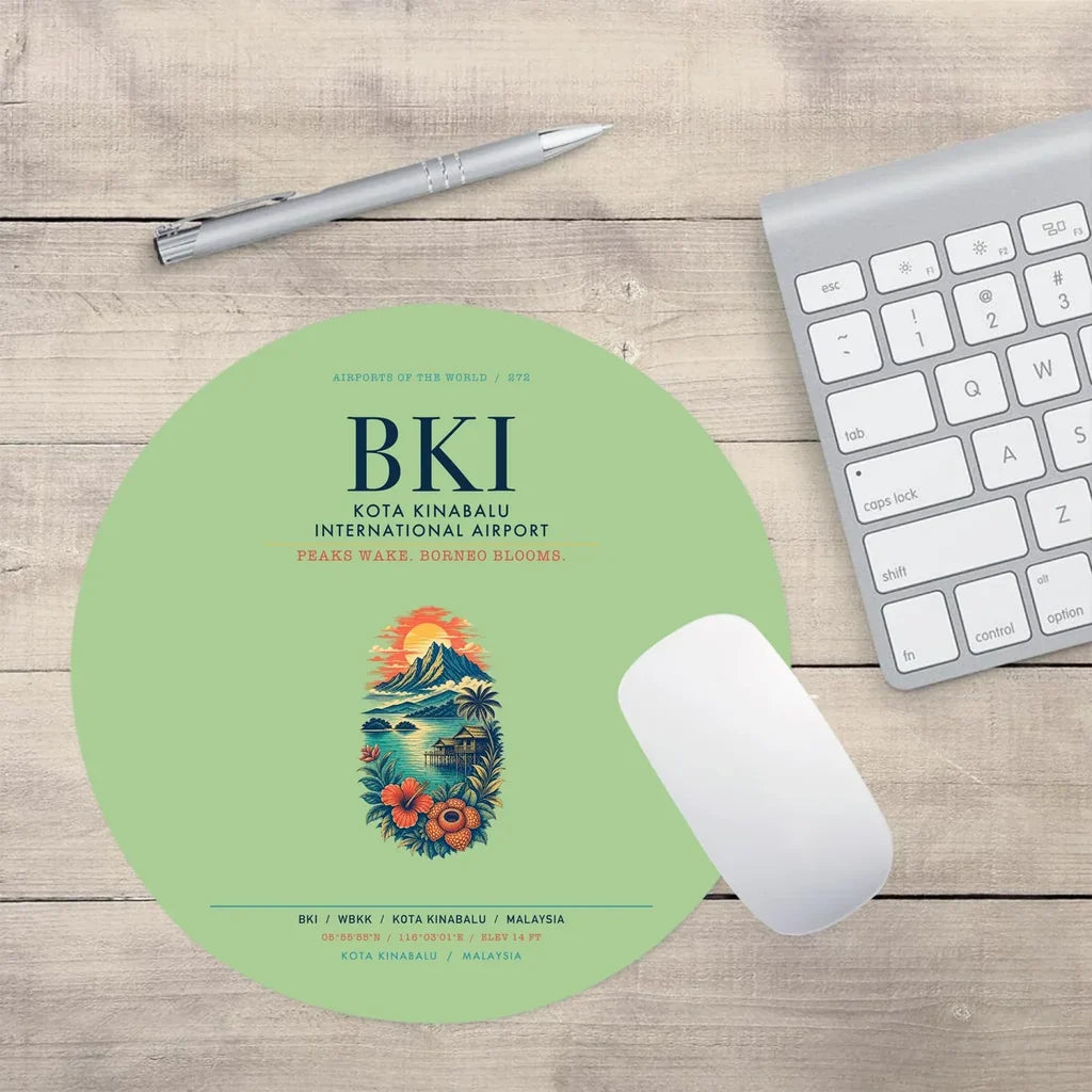 Kota Kinabalu International Airport (BKI) design on light green round mouse pad