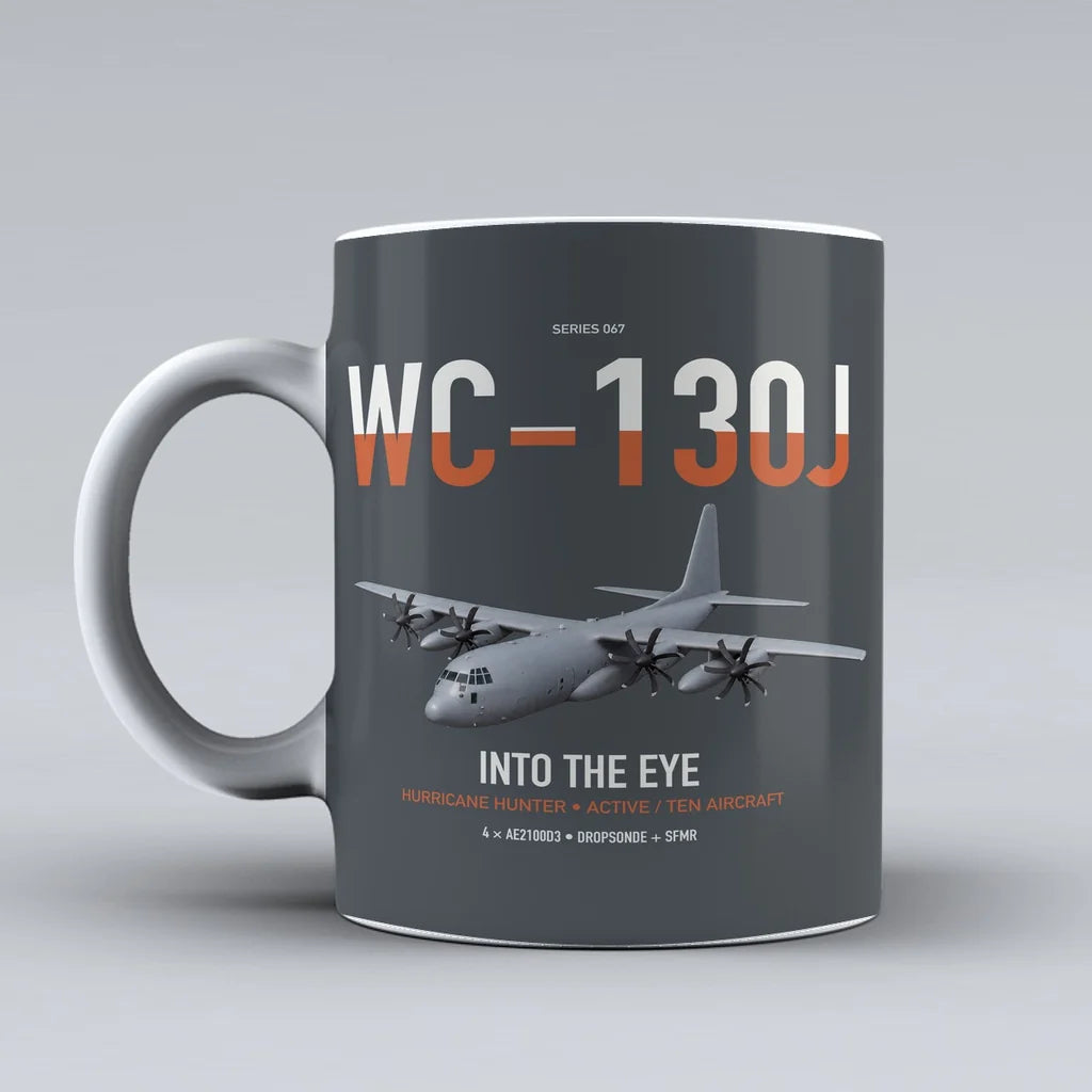 WC-130J Hurricane Hunter design on gray ceramic mug, double-side print