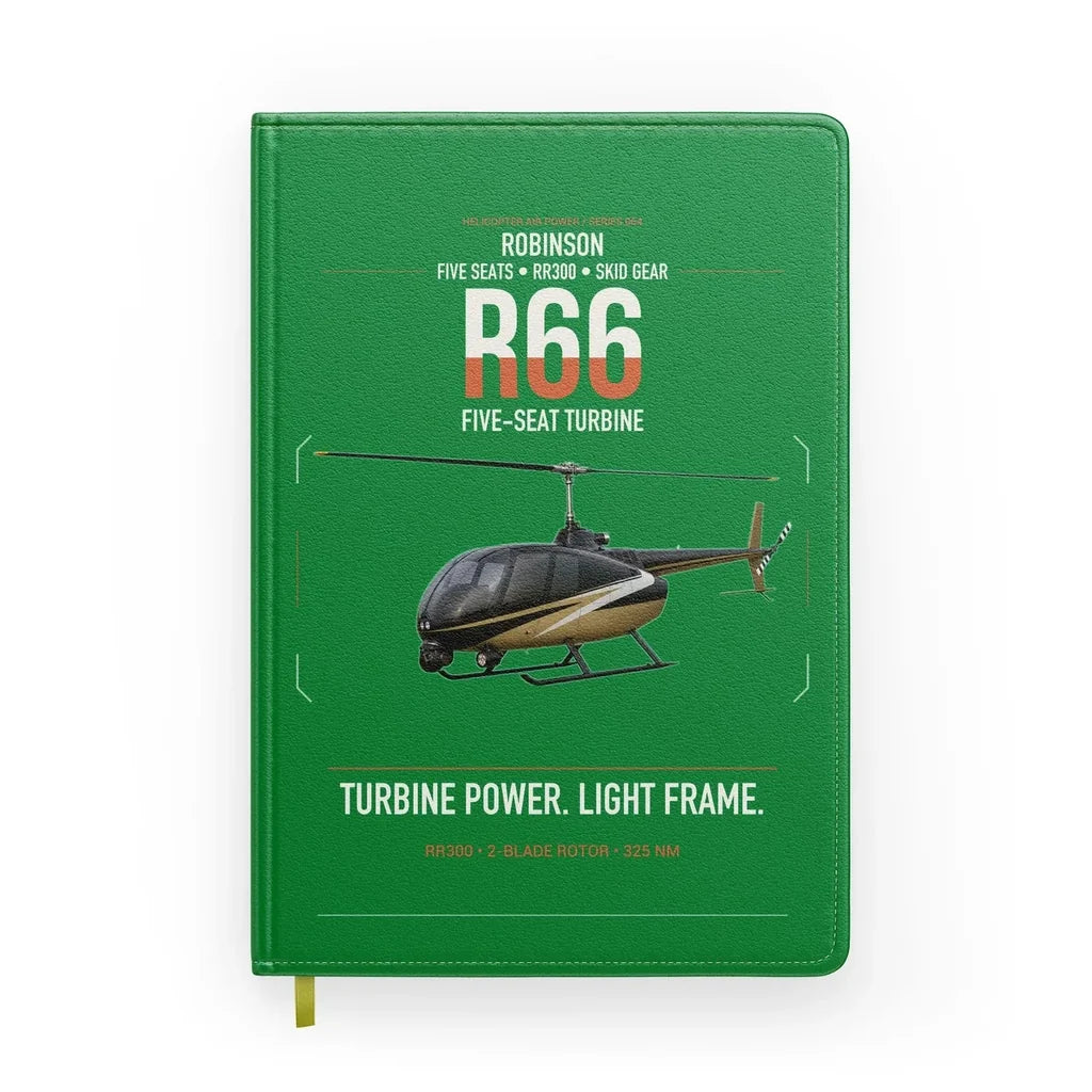 Robinson R66 design on green notebook