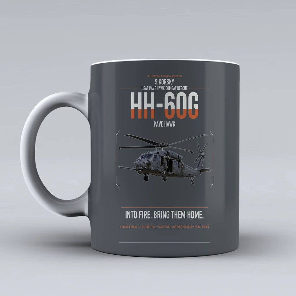 Sikorsky HH-60G Pave Hawk design on gray ceramic mug, double-side print