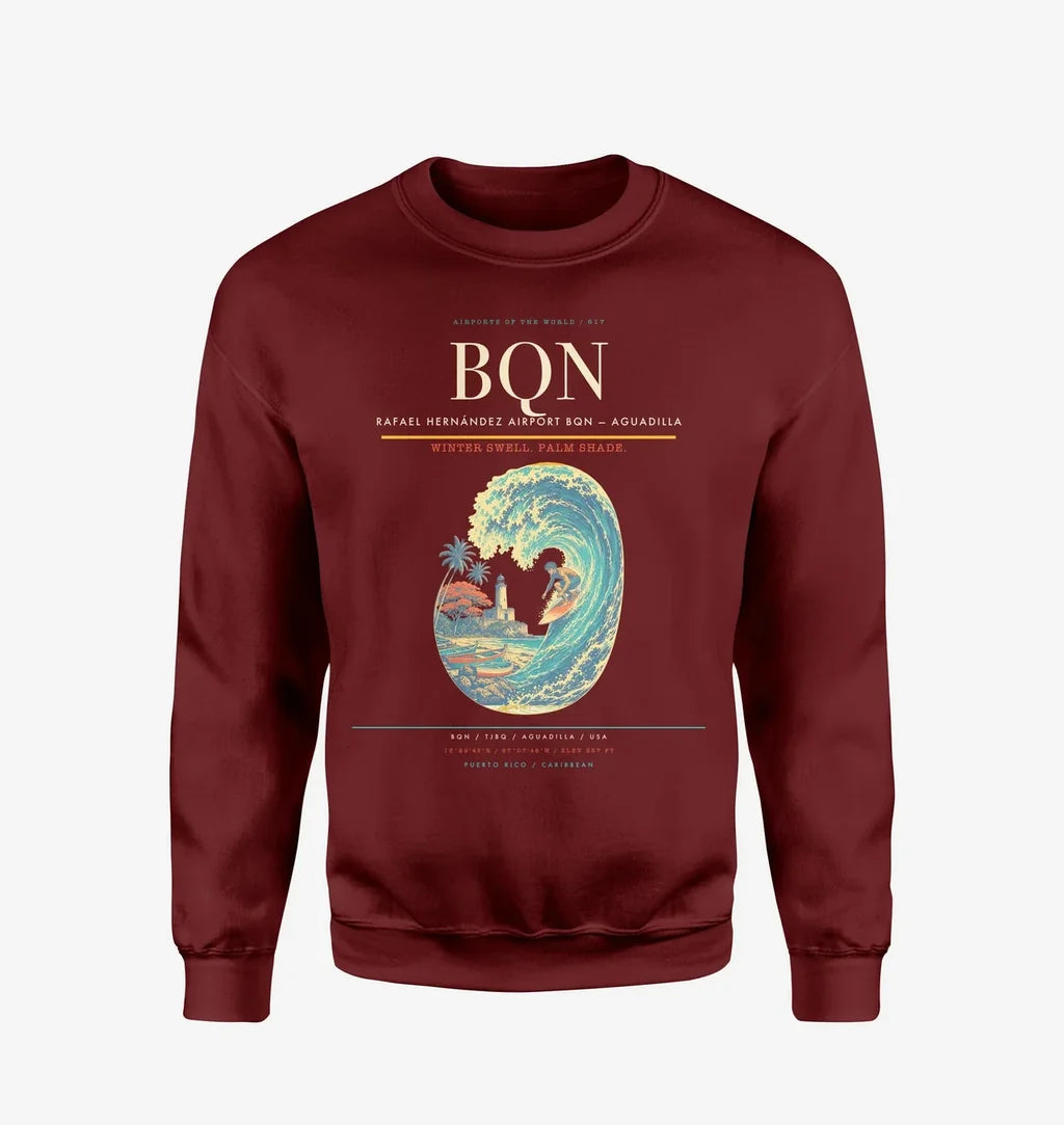 Rafael Hernández Airport (BQN) design on wine red sweatshirt