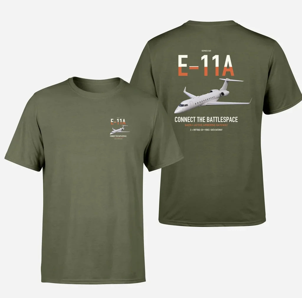 E-11A BACN design on green army double-side t-shirt, double-side print