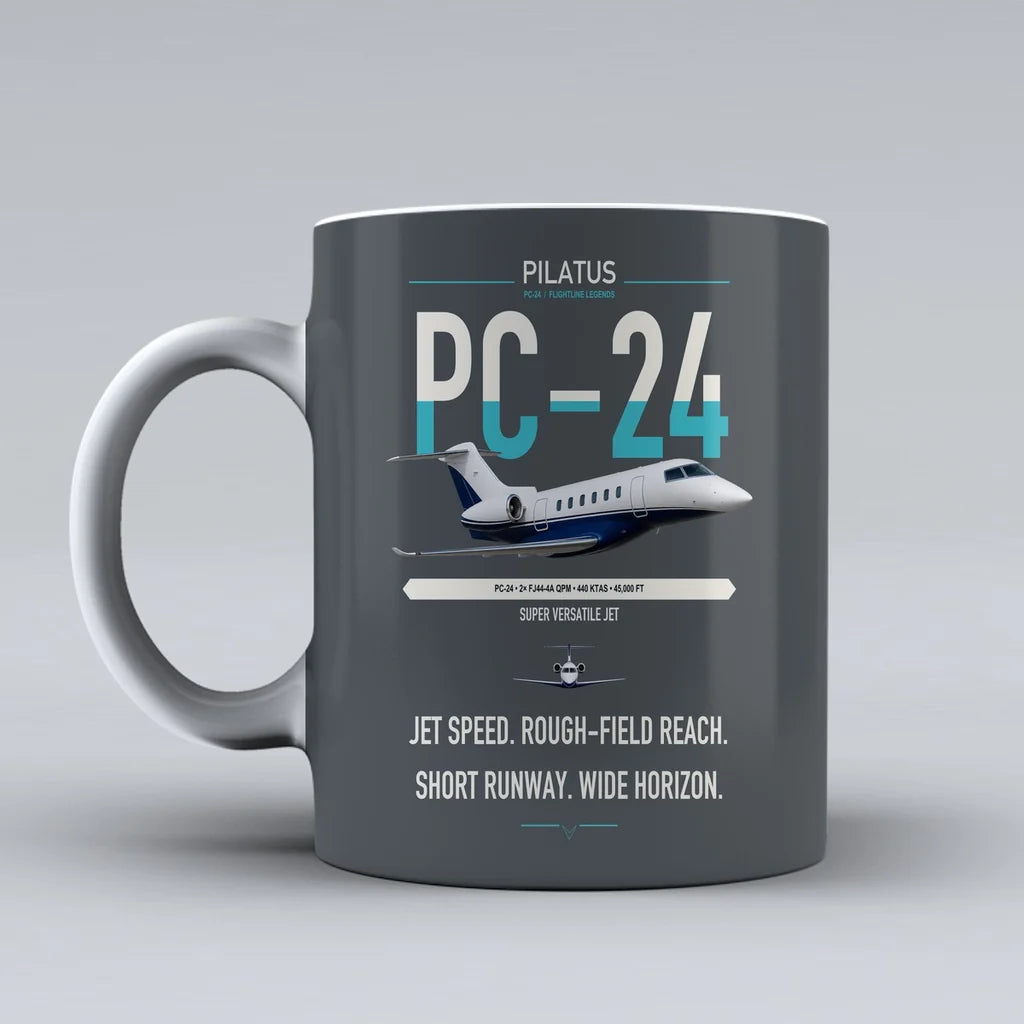 Pilatus PC-24 design on gray ceramic mug, double-side print