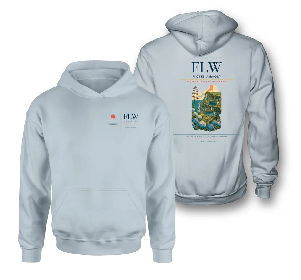 Flores Airport (FLW) design on light blue double-side hoodie