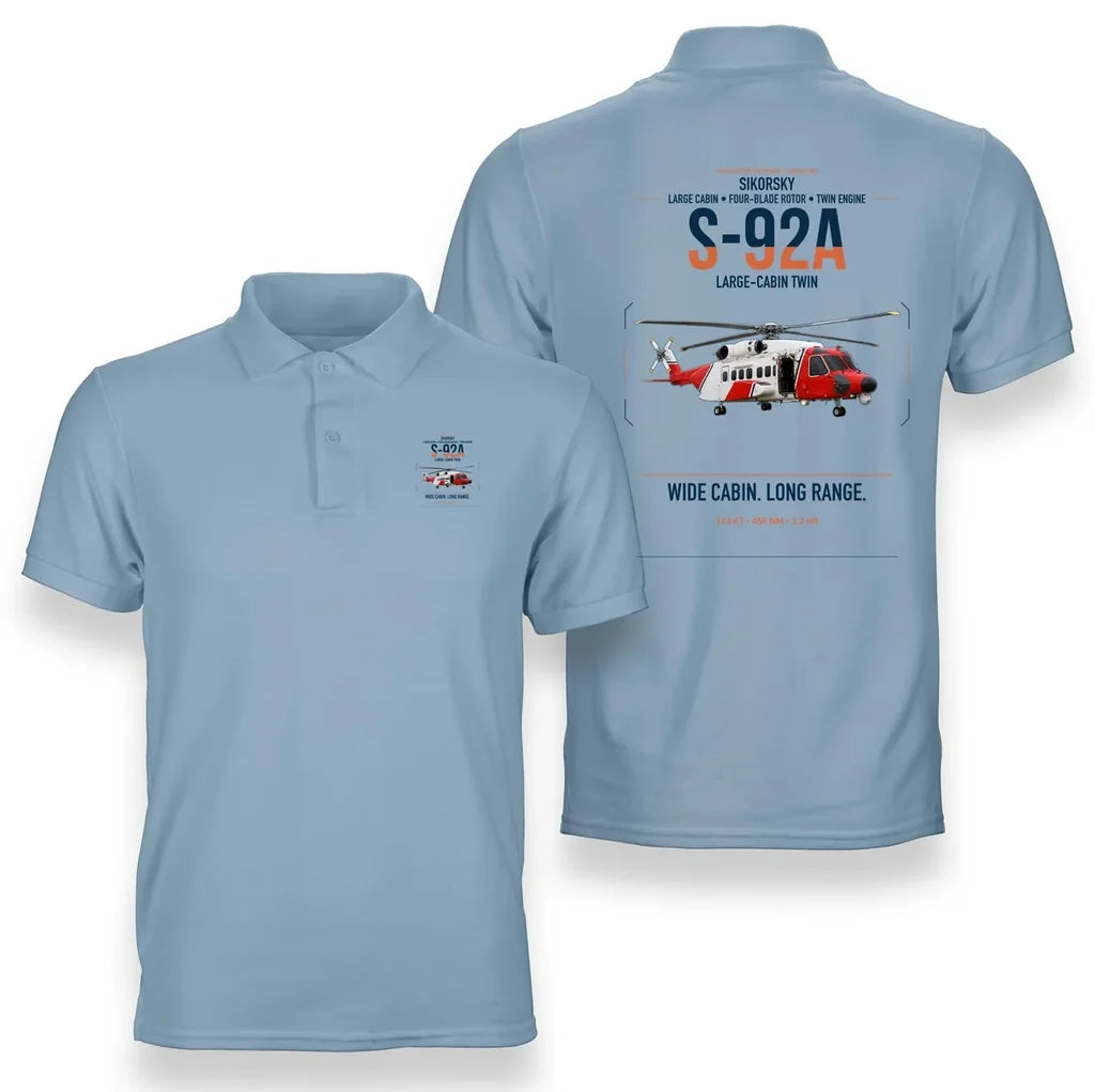 Sikorsky S-92A design on light blue double-side polo t-shirt, double-side print