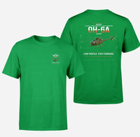 Thumbnail for Hughes OH-6A Cayuse design on green t-shirt, double-side print