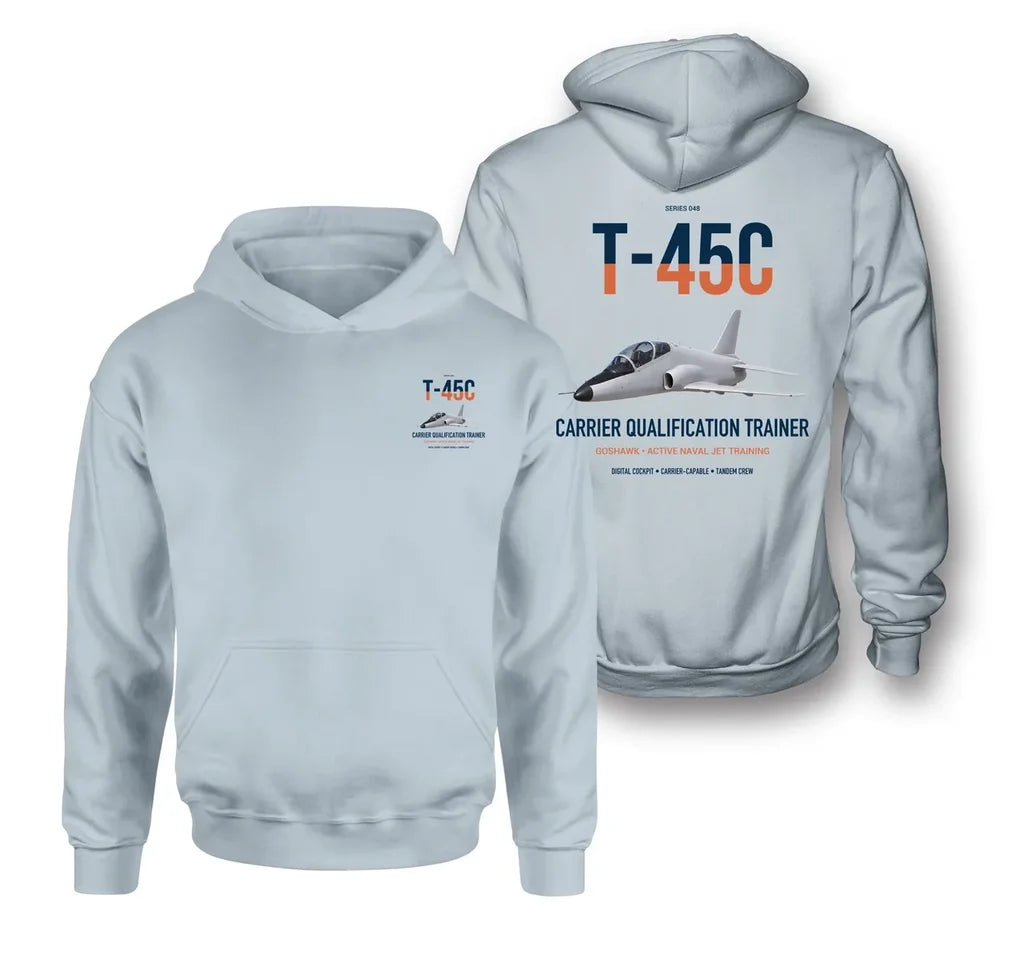 T-45C Goshawk design on light blue double-side hoodie, double-side print