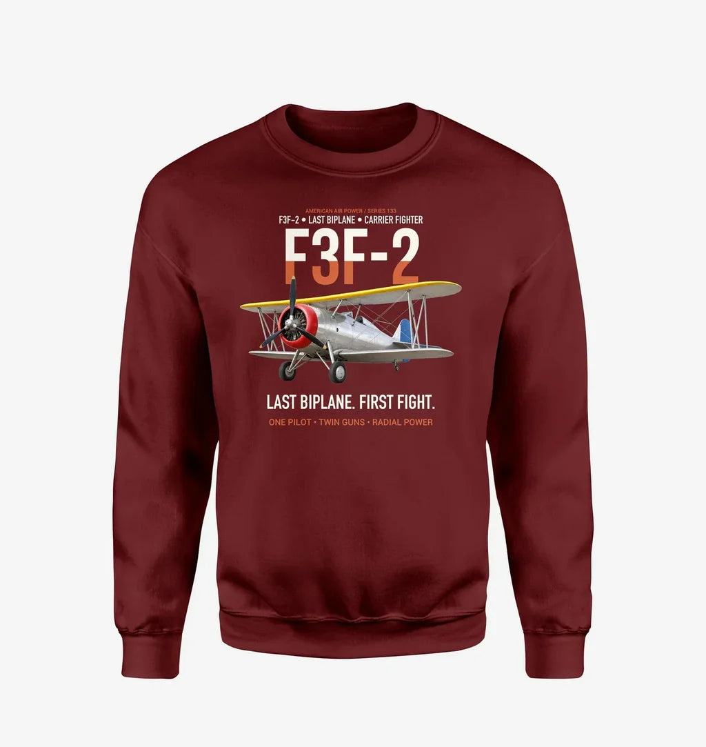 F3F-2 Last Biplane First Fight design on wine red sweatshirt