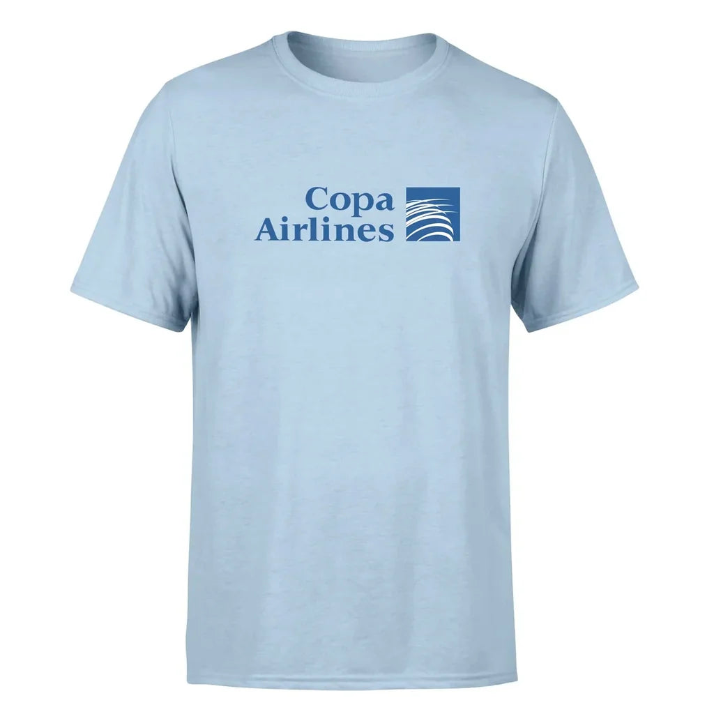 Copa Airlines logo printed on light blue cotton t-shirt