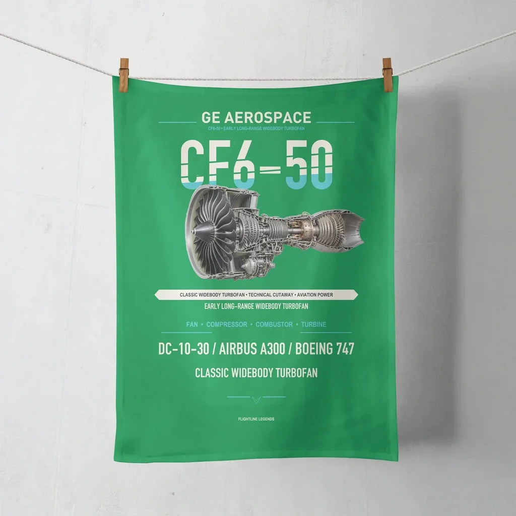 CF6-50 design on green towel