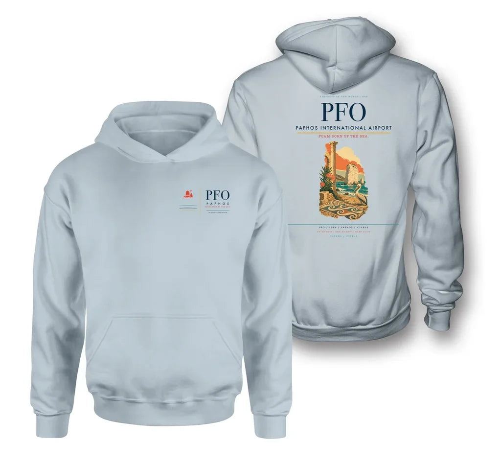 Paphos International Airport (PFO) design on light blue double-side hoodie