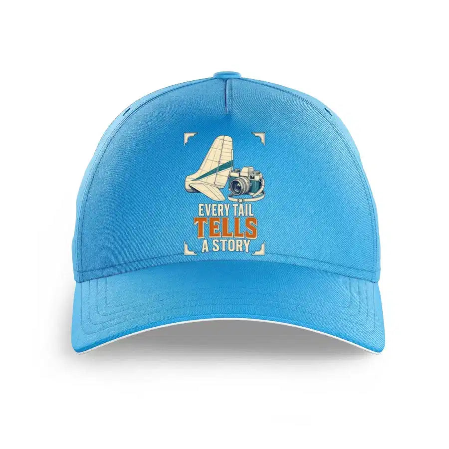Every Tail Tells A Story design on light blue printed hat