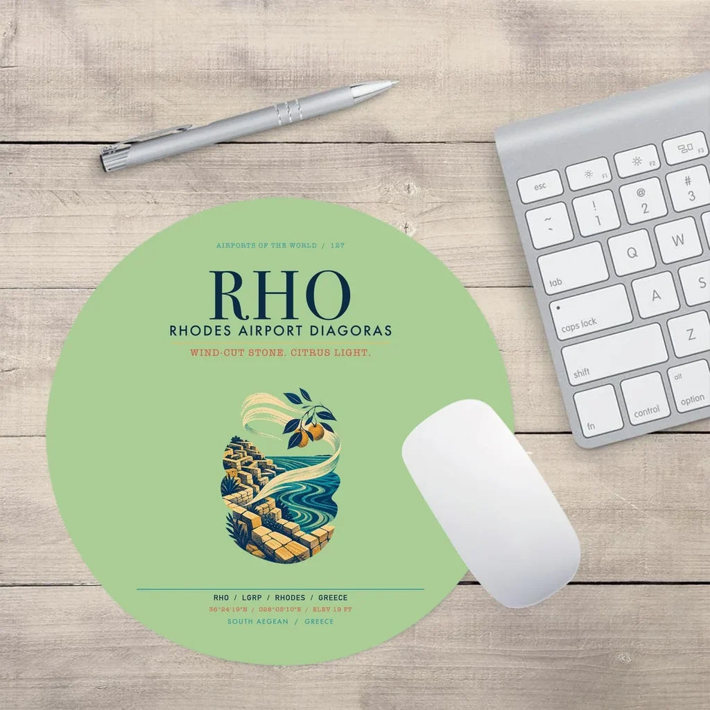 Rhodes Airport Diagoras (RHO) design on light green round mouse pad