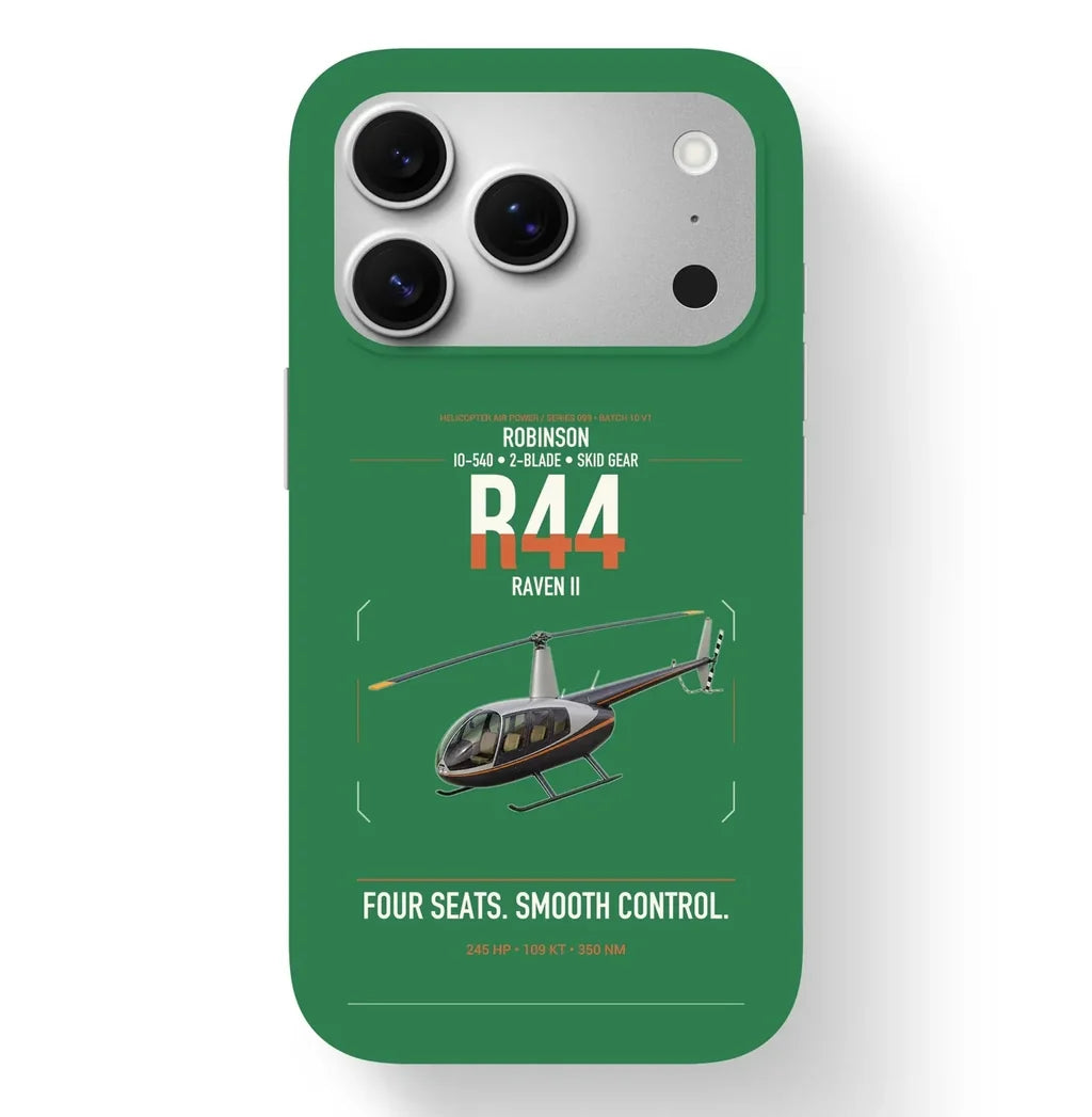 Robinson R44 Raven II design on green magsafe iphone case, for iPhone 17 Pro