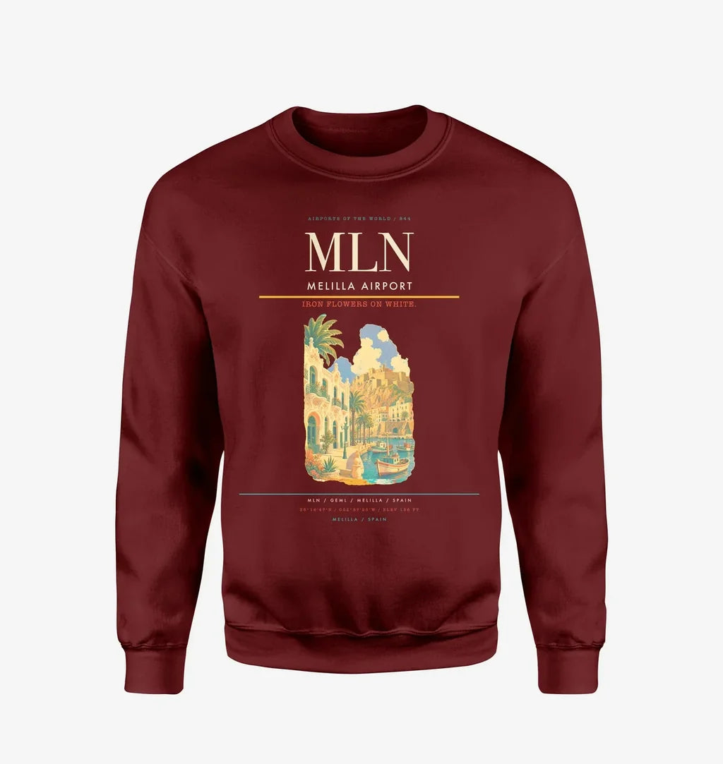 Melilla Airport (MLN) design on wine red sweatshirt