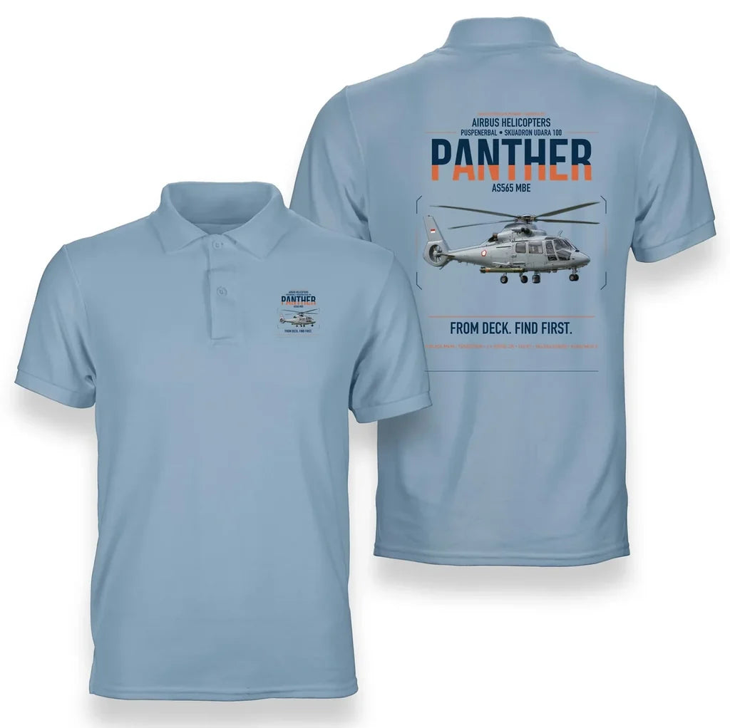 Airbus Helicopters AS565 MBe Panther design on light blue double-side polo t-shirt, double-side print