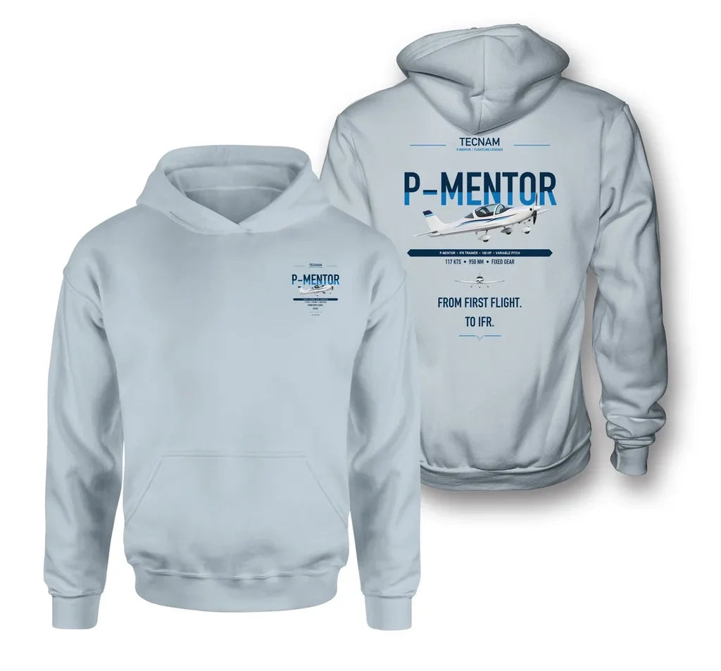 Tecnam P-Mentor design on light blue double-side hoodie, double-side print