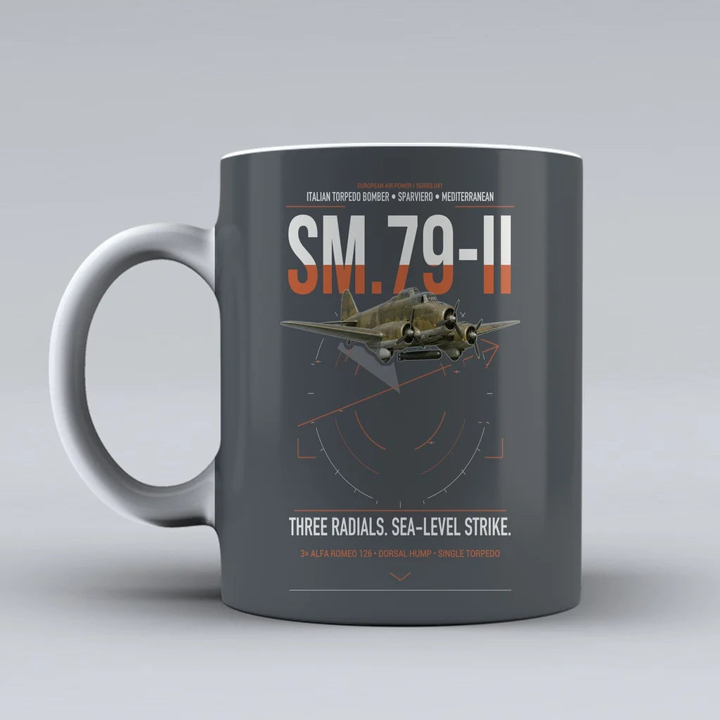 Savoia-Marchetti SM.79-II Sparviero design on gray ceramic mug, double-side print