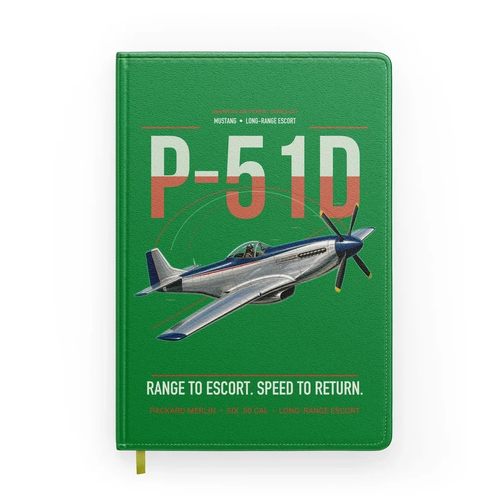 P-51D Mustang design on green notebook