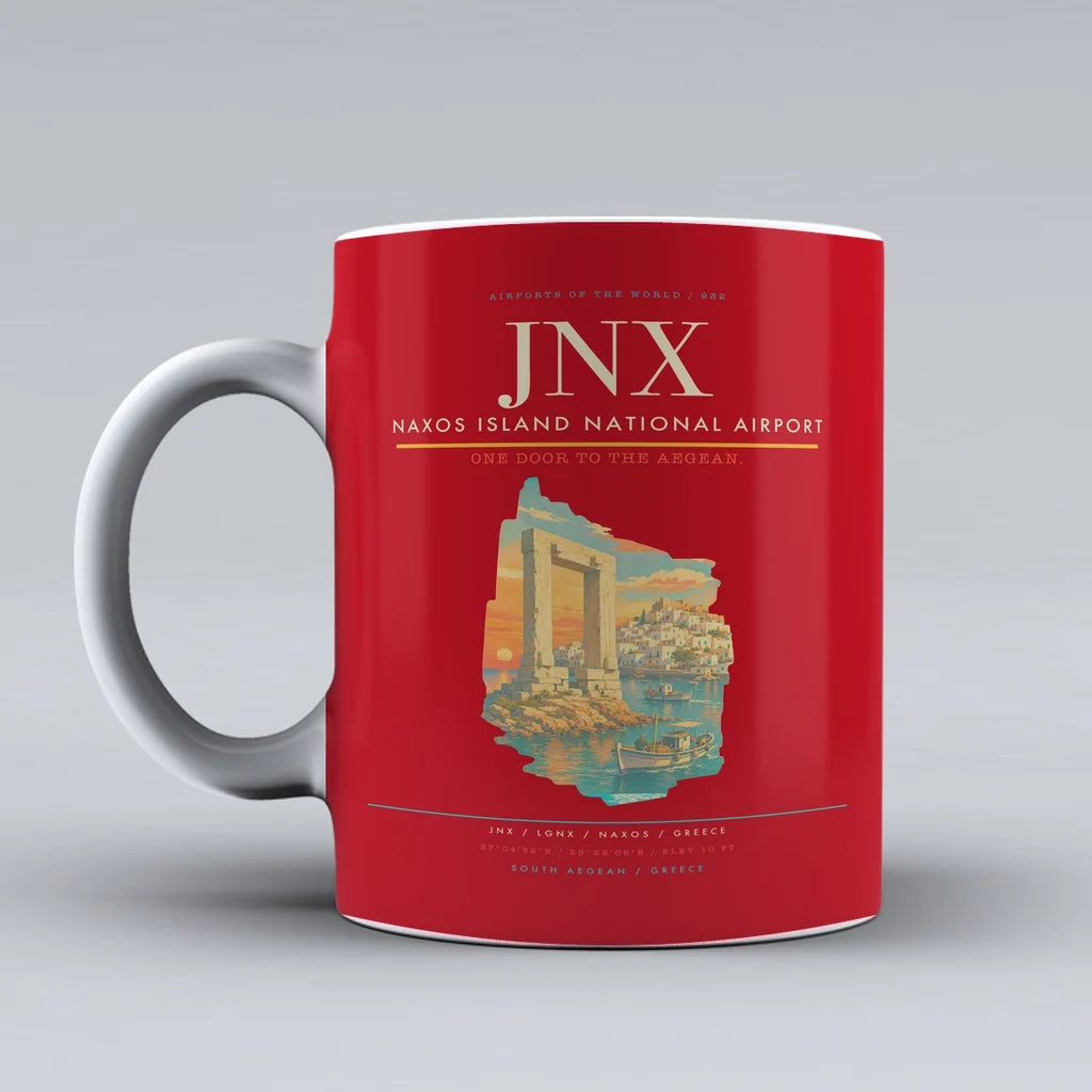 Naxos Island National Airport (JNX) airport code design on red ceramic mug