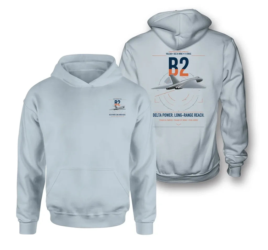 Avro Vulcan B2 design on light blue double-side hoodie, double-side print