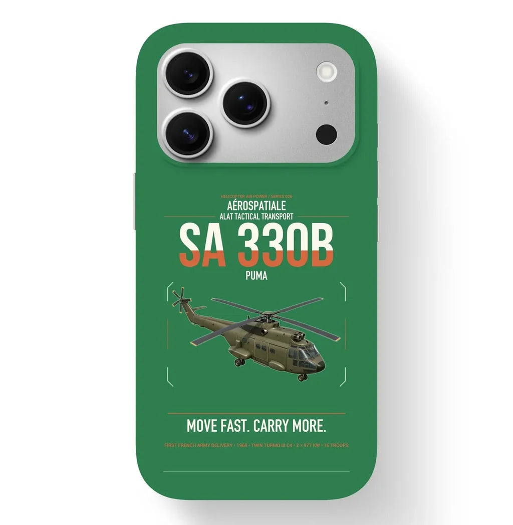 Aérospatiale SA 330B Puma design on green magsafe iphone case, for iPhone 17 Pro