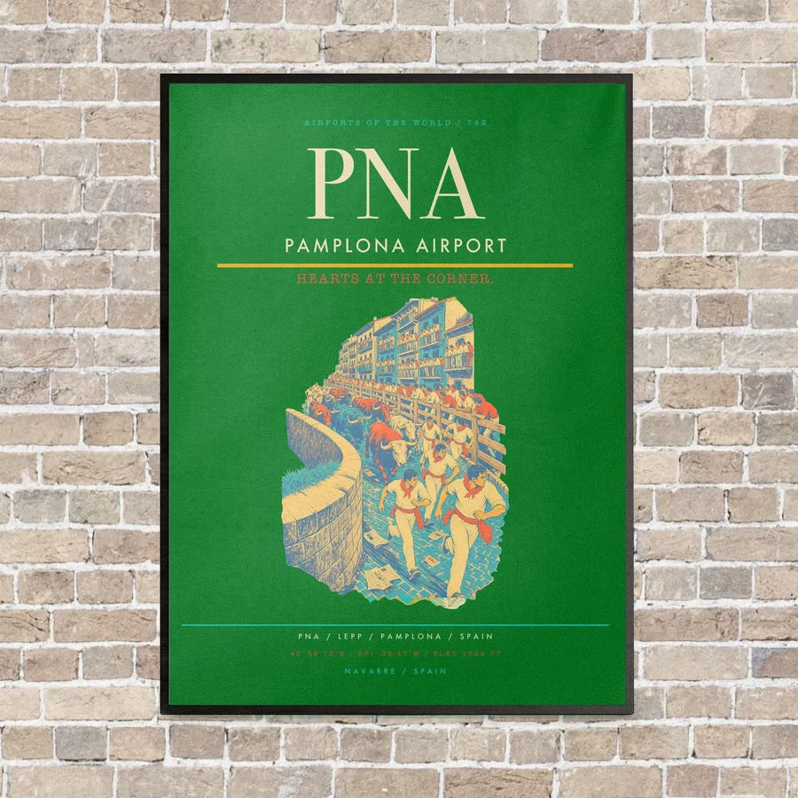 Pamplona Airport PNA vertical canvas print - framed - green background