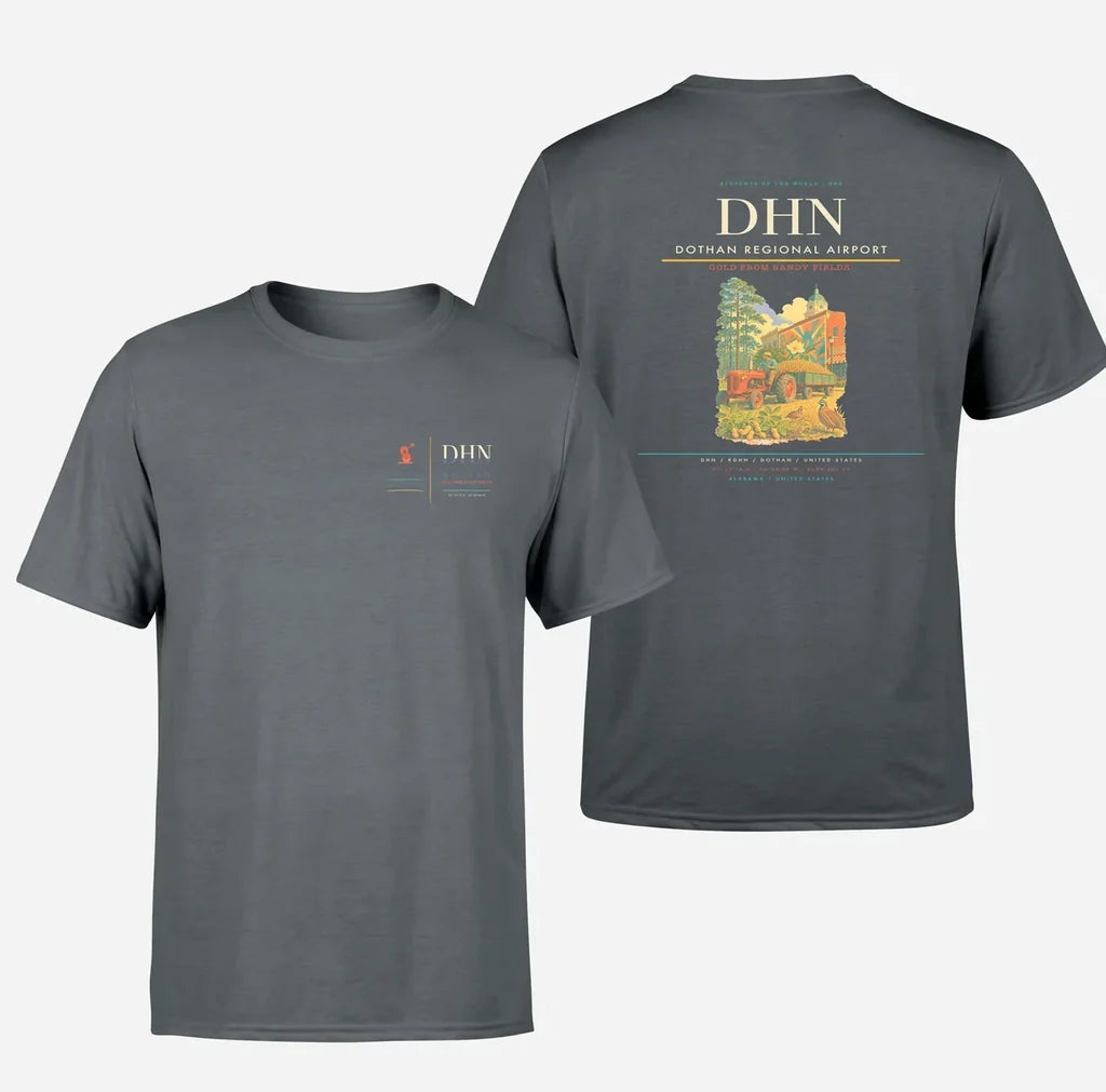 Dothan Regional Airport (DHN) design printed on gray double-side t-shirt