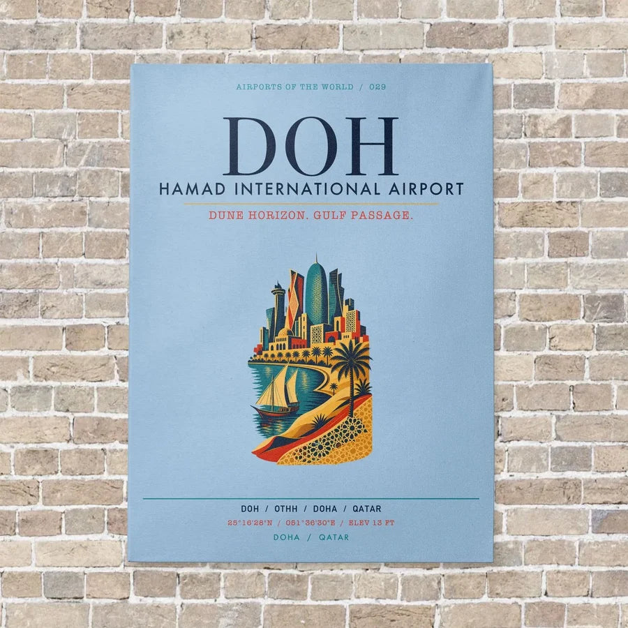 Hamad International Airport Doha DOH vertical canvas print - no frame - light blue background