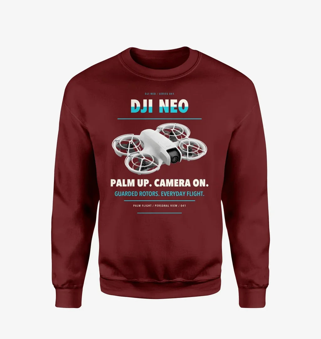 DJI Neo design on wine red sweatshirt