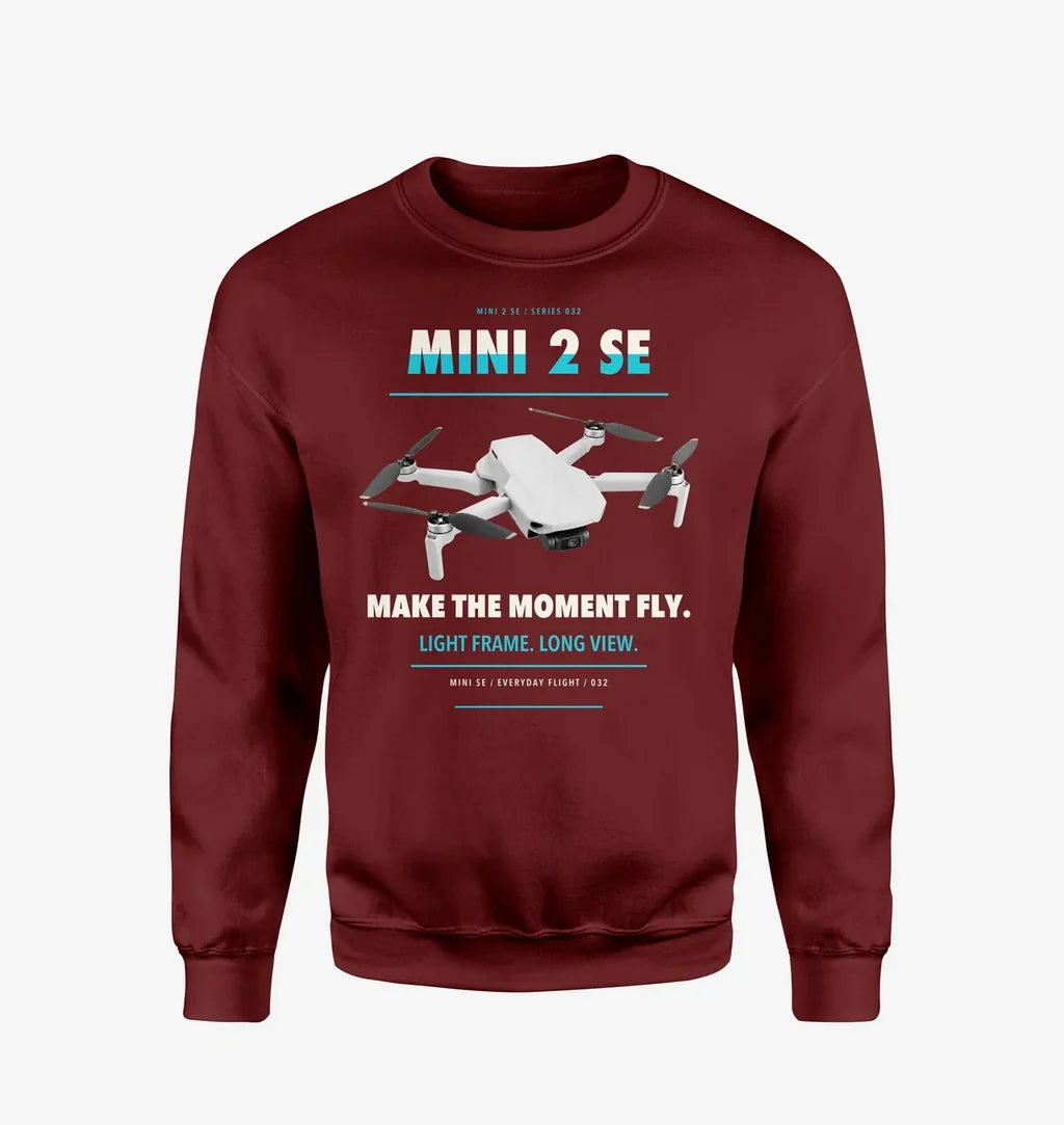 DJI Mini 2 SE design on wine red sweatshirt
