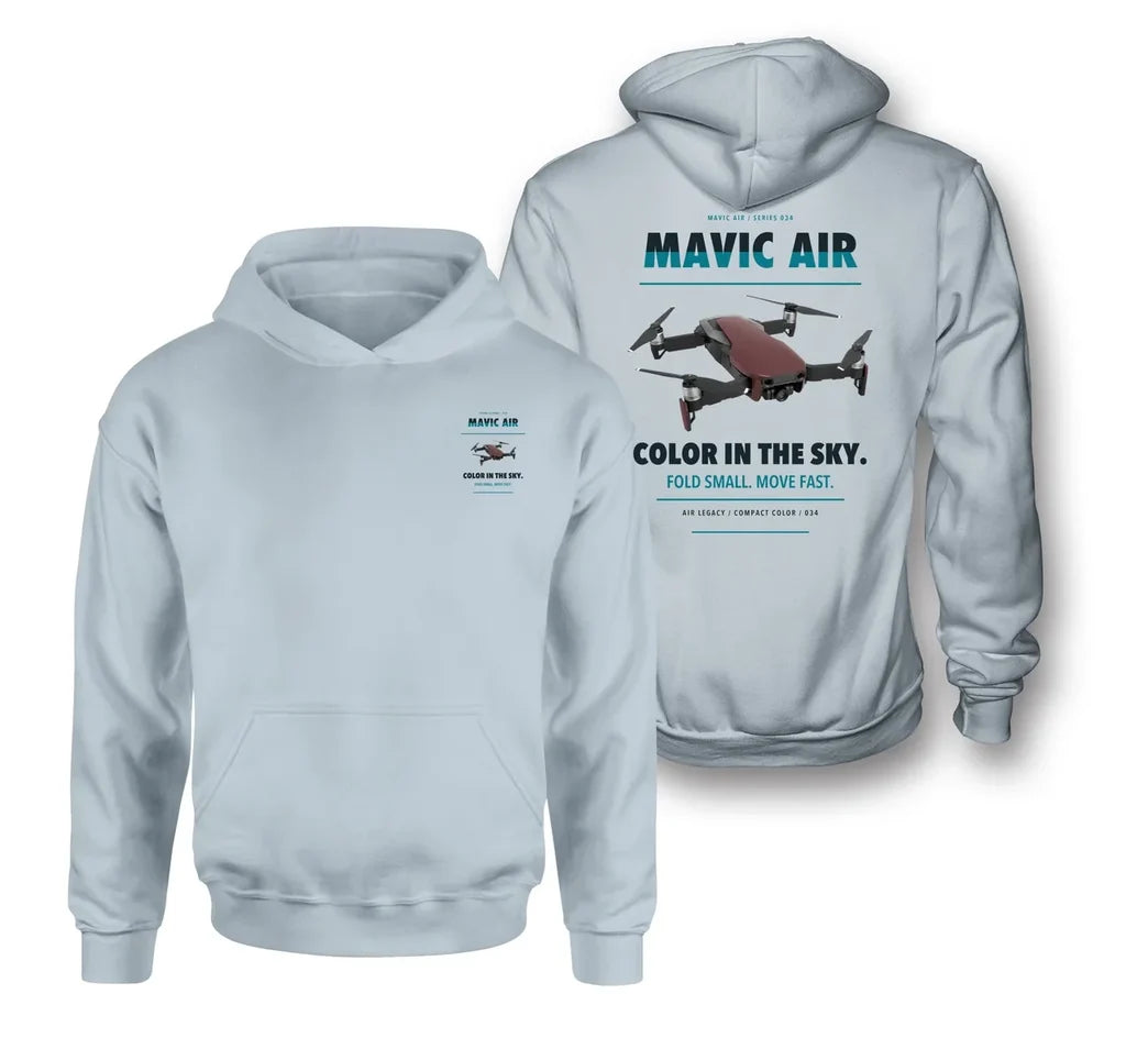 DJI Mavic Air design on light blue hoodie