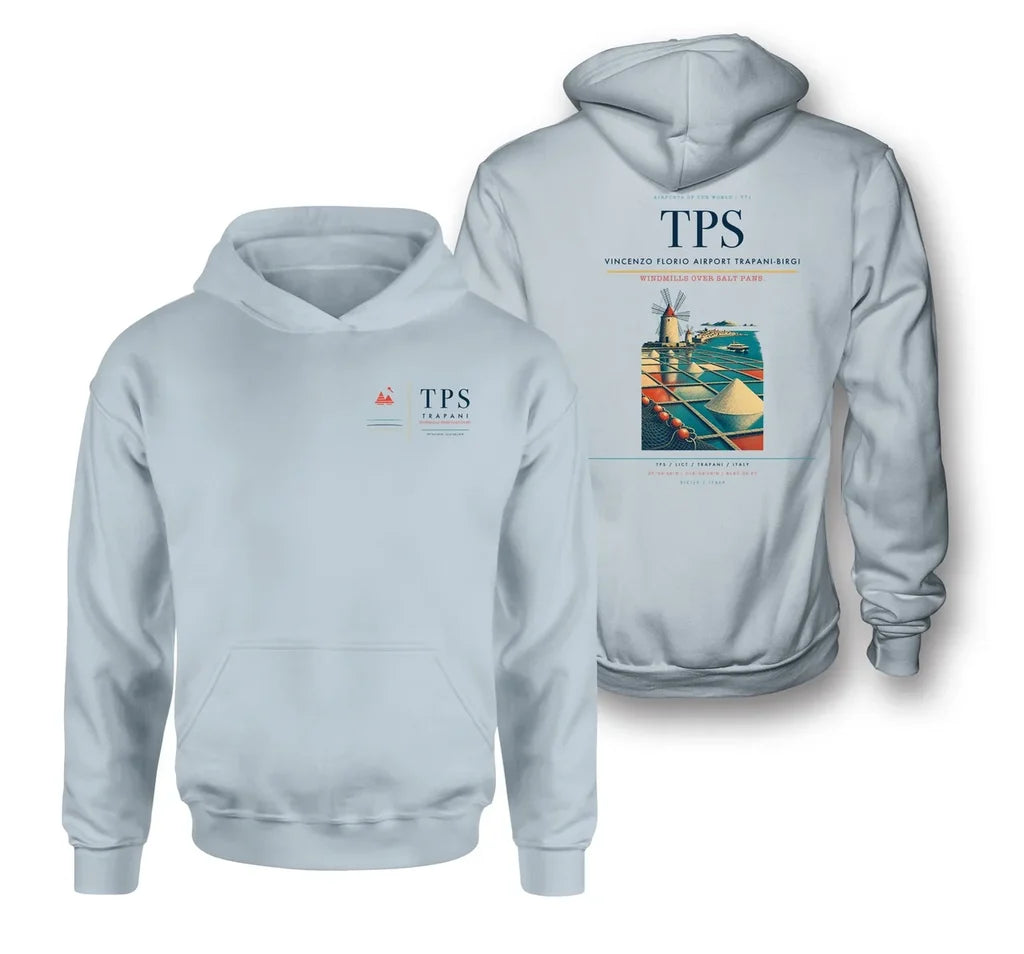 Vincenzo Florio Airport Trapani-Birgi (TPS) design on light blue double-side hoodie