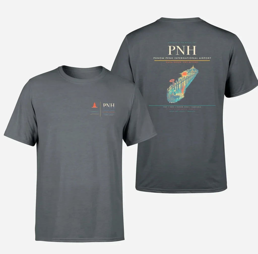 Phnom Penh International Airport (PNH) design printed on gray double-side t-shirt