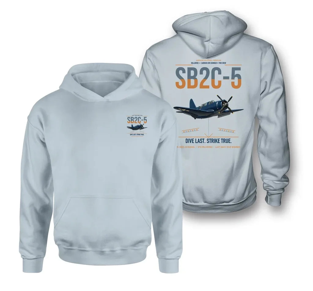 SB2C-5 Helldiver design on light blue double-side hoodie, double-side print