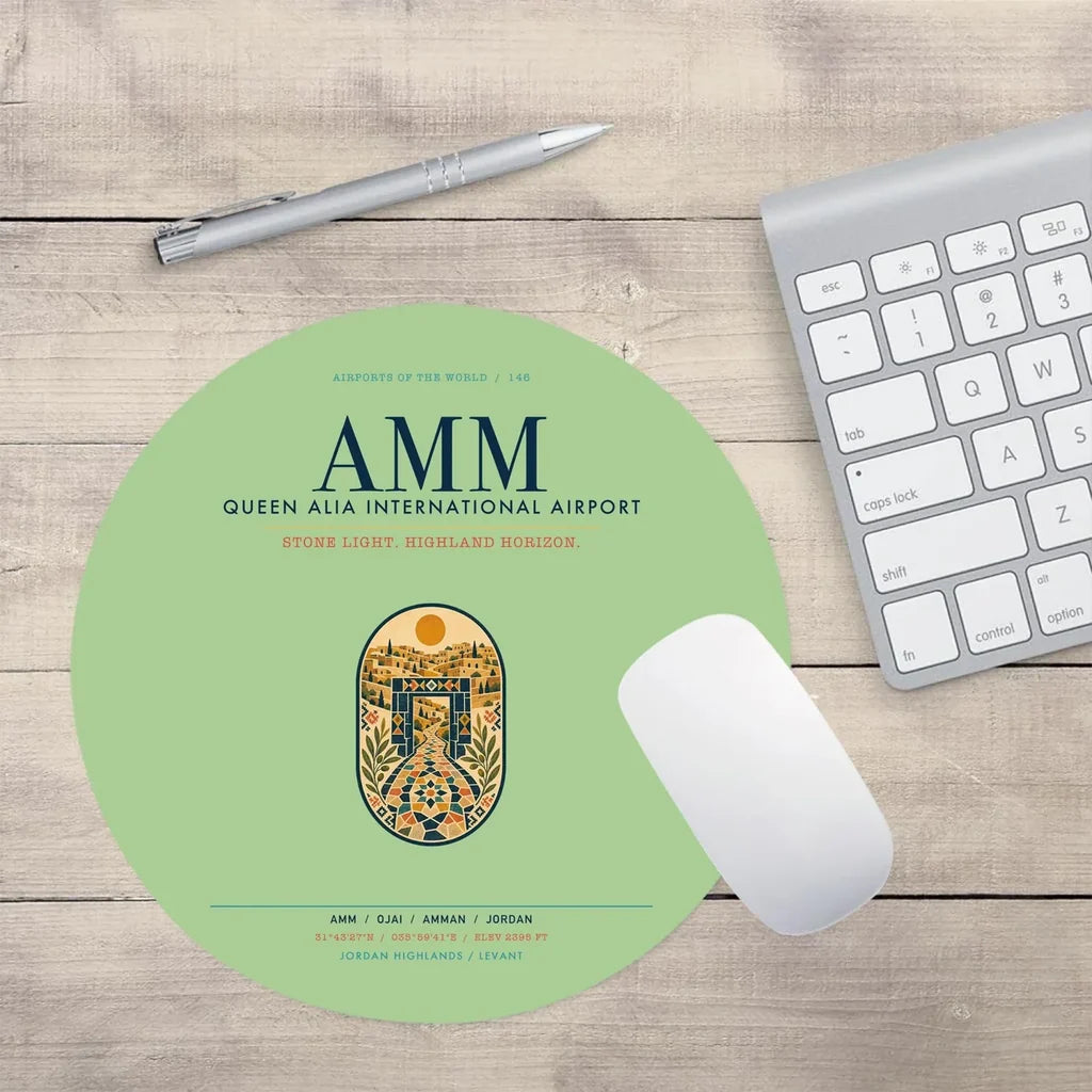 Queen Alia International Airport (AMM) design on light green round mouse pad