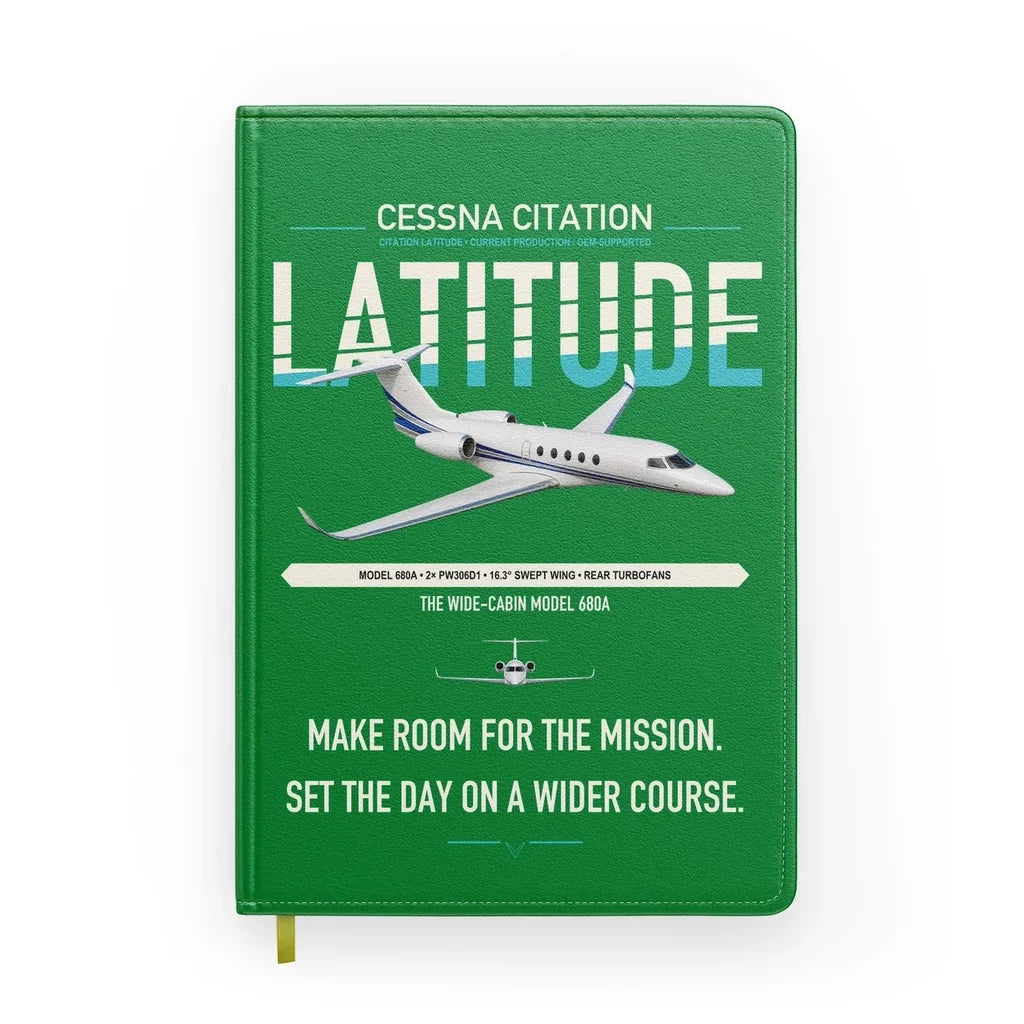 Cessna Citation Latitude design on green notebook