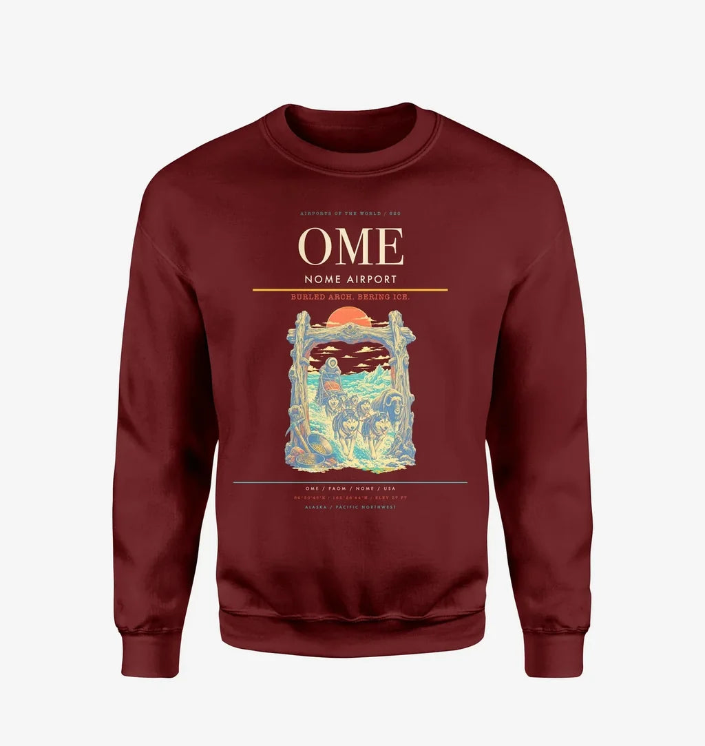 Nome Airport (OME) design on wine red sweatshirt