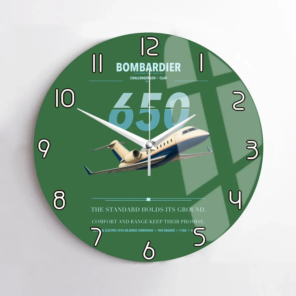 Bombardier Challenger 650 design on green no frame wall clock