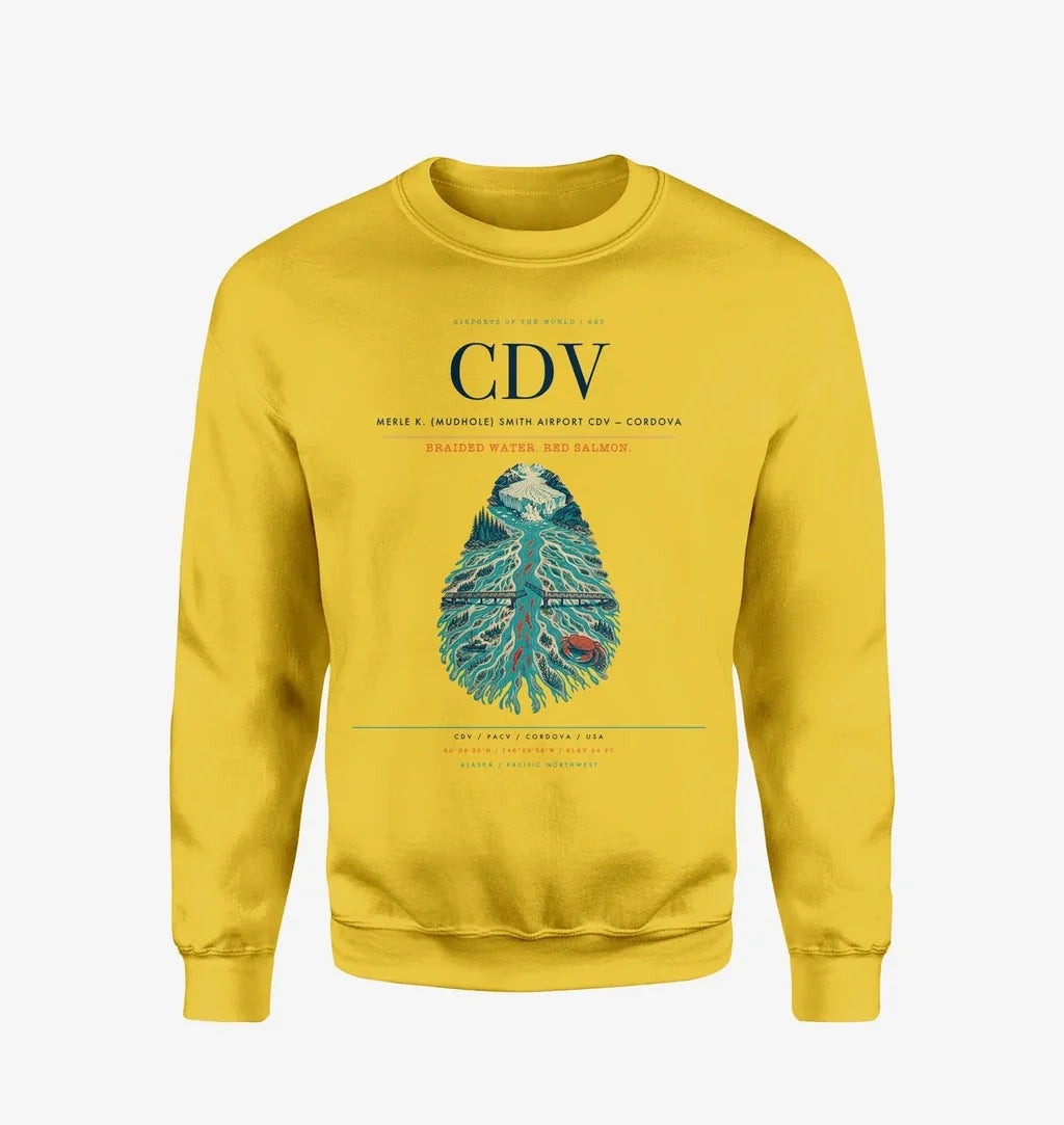 Merle K. (Mudhole) Smith Airport (CDV) design on yellow sweatshirt