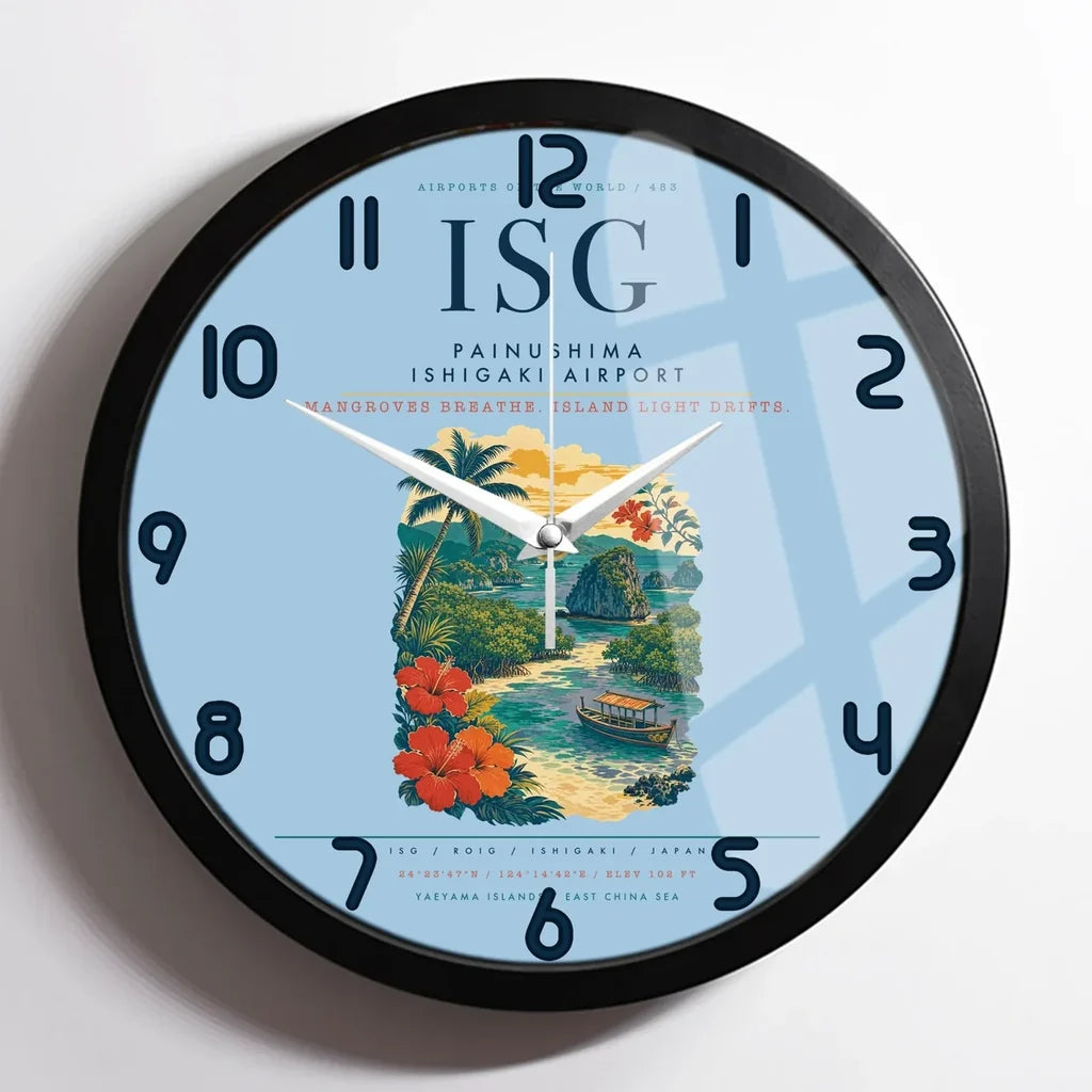Painushima Ishigaki Airport (ISG) design on light blue framed wall clock