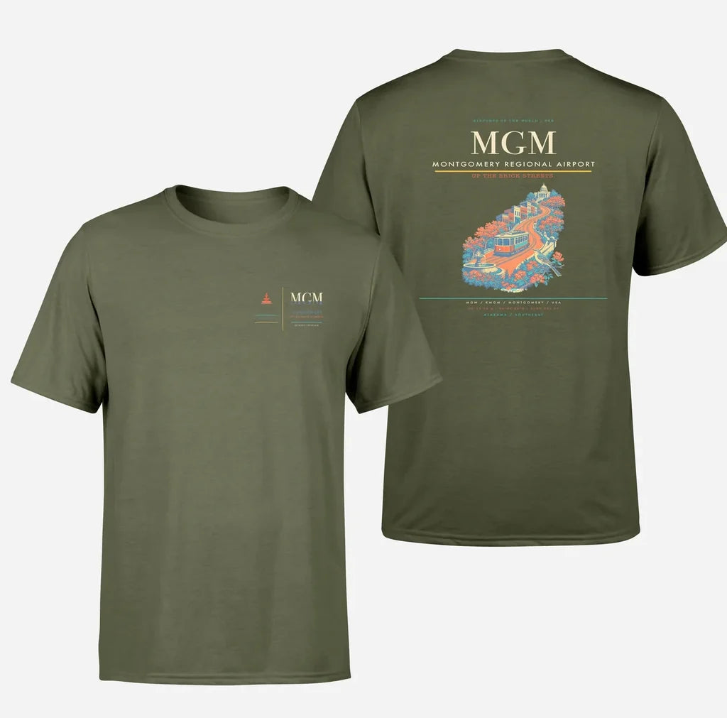 Montgomery Regional Airport (MGM) design printed on green army double-side t-shirt
