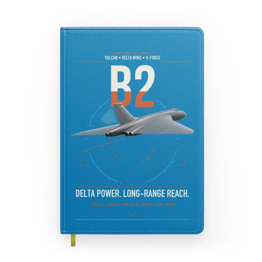 Avro Vulcan B2 design on turquoise notebook
